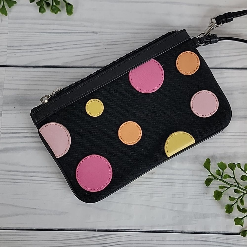 Talbots Wristlet Polka-Dot Mini Bag Black Canvas with Pink & Yellow 4.5" X 7.5 - Picture 3 of 8